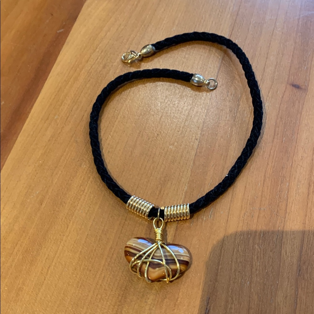 Black Braided Necklace with Gold Wire Tigers Eye Wrapped Heart Pendant